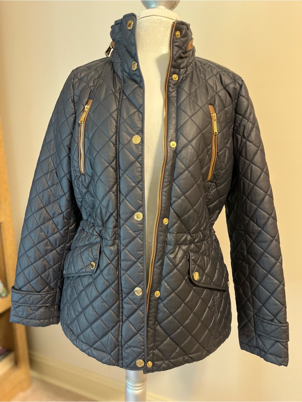 MICHAEL Michael Kors Quilted Navy Puffer Jacket with Gold Hardware